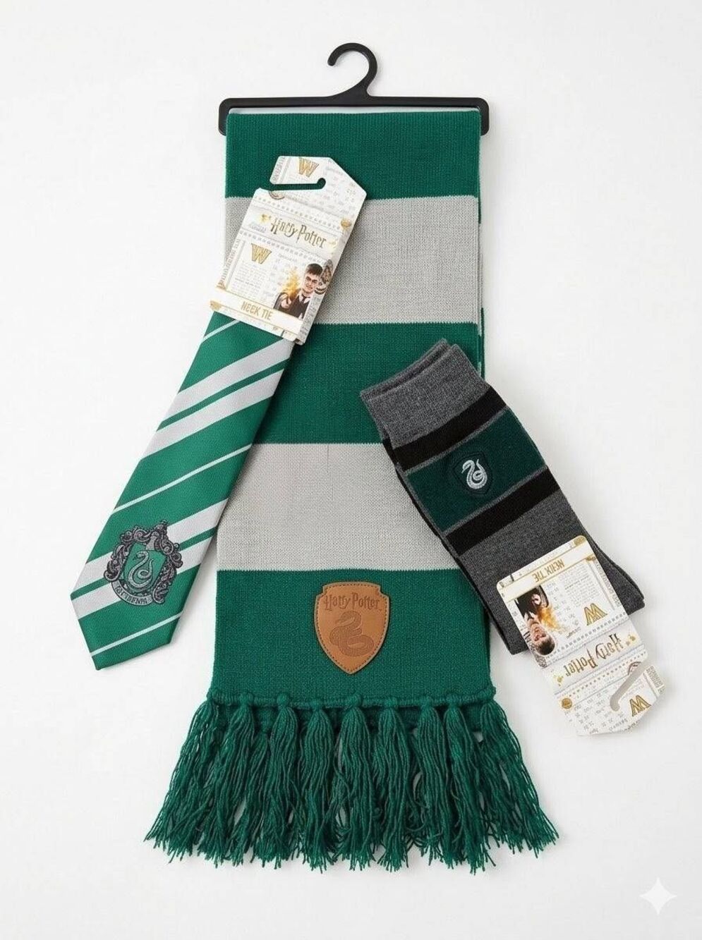 🩵NWT Harry Potter Green & Gray Slytherin Scarf, Socks, & Necktie Accessory Set